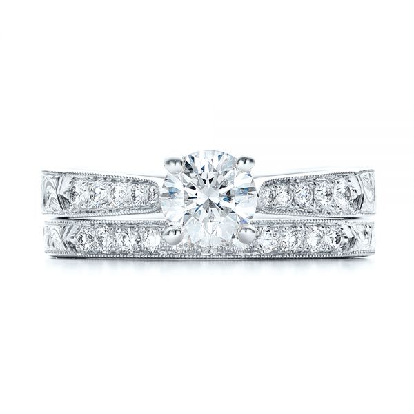  Platinum And 14K Gold Platinum And 14K Gold Custom Hand Engraved Diamond Engagement Ring - Top View -  101422