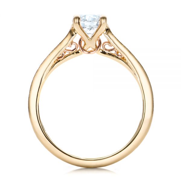 14k Yellow Gold And 14K Gold Custom Hand Engraved Diamond Engagement Ring - Front View - 101422