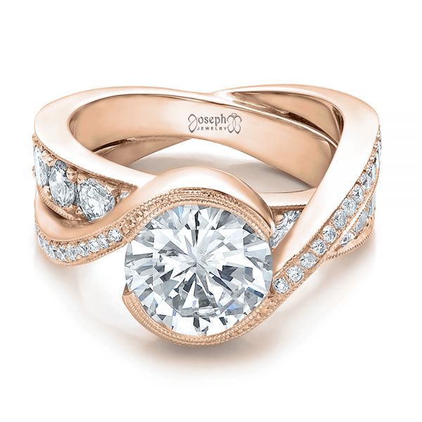18k Rose Gold 18k Rose Gold Custom Interlocking Diamond Engagement Ring - Flat View -  100615