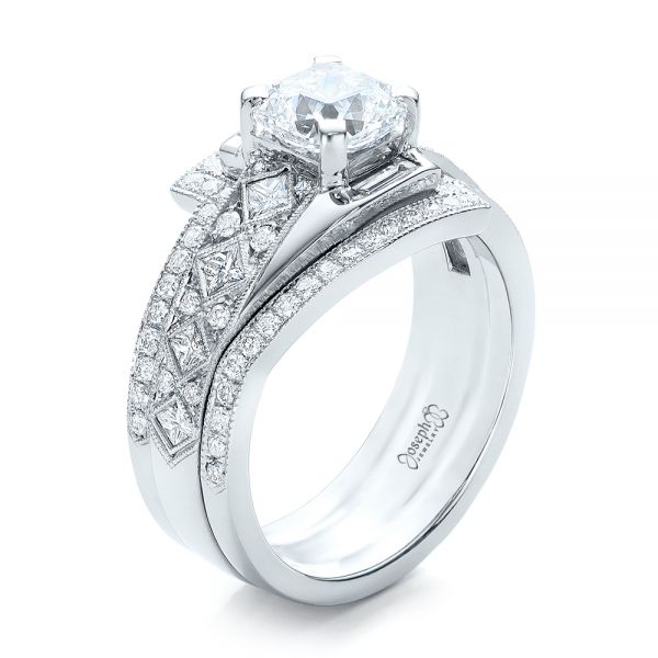 14k White Gold Custom Interlocking Diamond Engagement Ring - Three-Quarter View -  102177