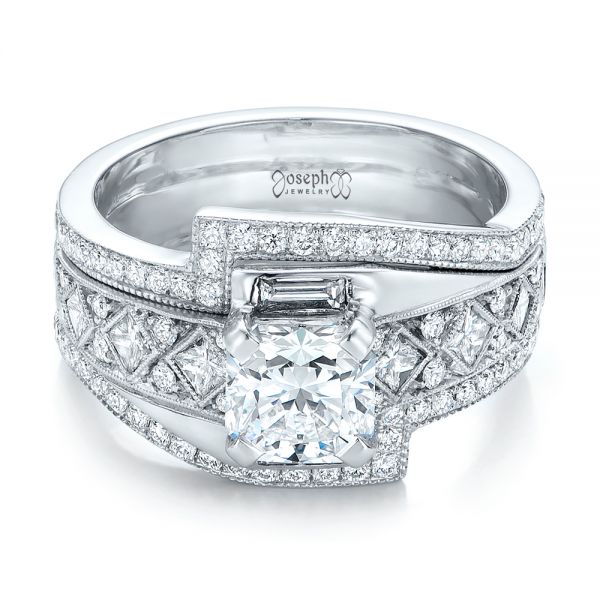 14k White Gold Custom Interlocking Diamond Engagement Ring - Flat View -  102177
