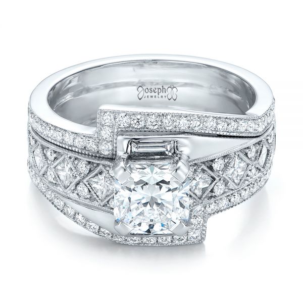 14k White Gold Custom Interlocking Diamond Engagement Ring - Flat View - 102177
