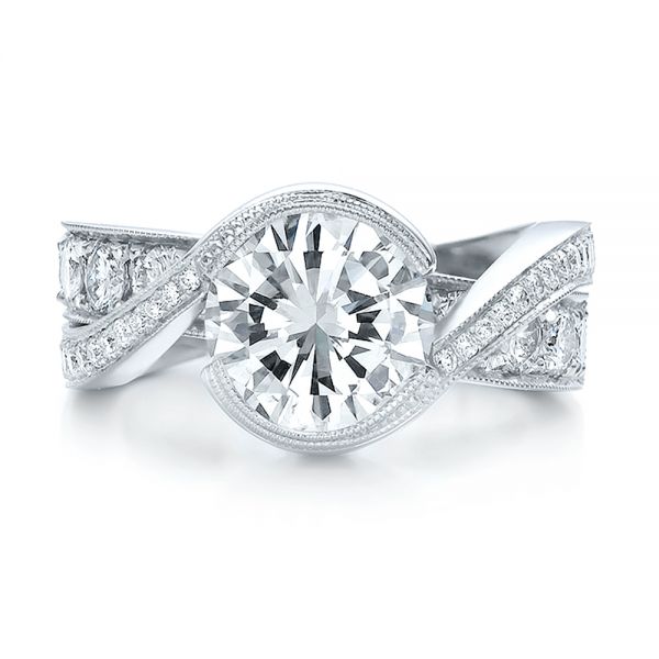 14k White Gold Custom Interlocking Diamond Engagement Ring - Top View -  100615