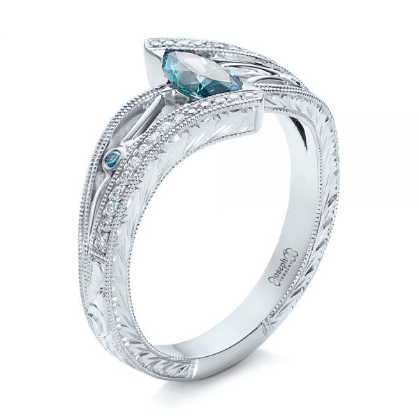 14k White Gold Custom Irradiated Blue Diamond Engagement Ring - Three-Quarter View -  102161