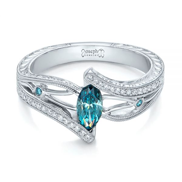 14k White Gold Custom Irradiated Blue Diamond Engagement Ring - Flat View -  102161