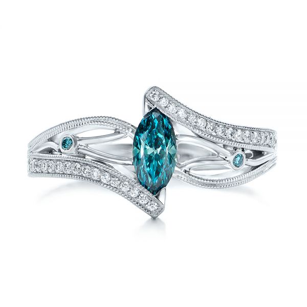 14k White Gold Custom Irradiated Blue Diamond Engagement Ring - Top View -  102161