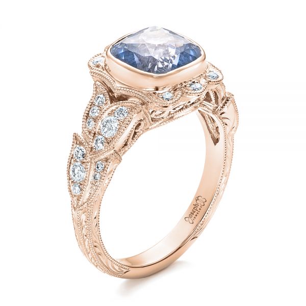 18k Rose Gold 18k Rose Gold Custom Light Blue Sapphire And Diamond Engagement Ring - Three-Quarter View -  102135