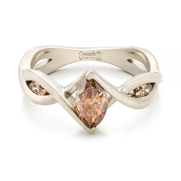 14k White Gold Custom Marquise Cognac Brown Diamond Engagement Ring - Flat View -  101231