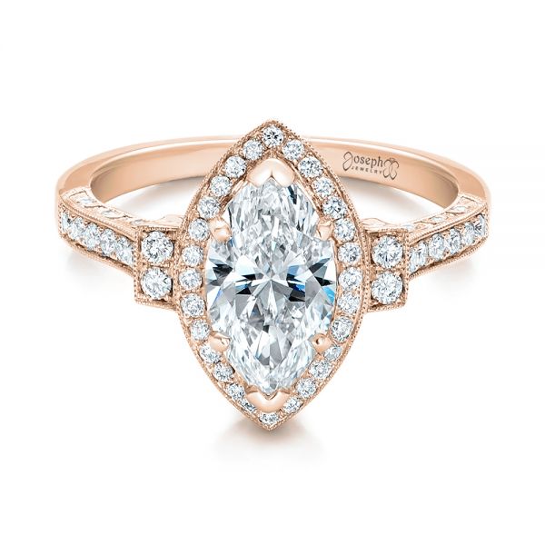 18k Rose Gold 18k Rose Gold Custom Marquise Diamond Halo Engagement Ring - Flat View -  101998
