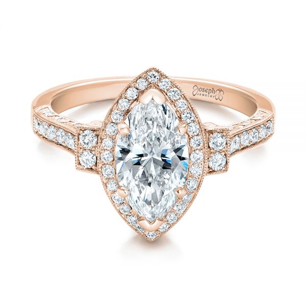 14k Rose Gold 14k Rose Gold Custom Marquise Diamond Halo Engagement Ring - Flat View - 101998