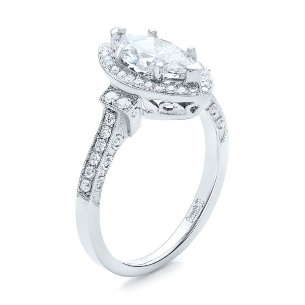 14k White Gold Custom Marquise Diamond Halo Engagement Ring - Three-Quarter View -  101998