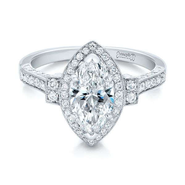 14k White Gold Custom Marquise Diamond Halo Engagement Ring - Flat View -  101998