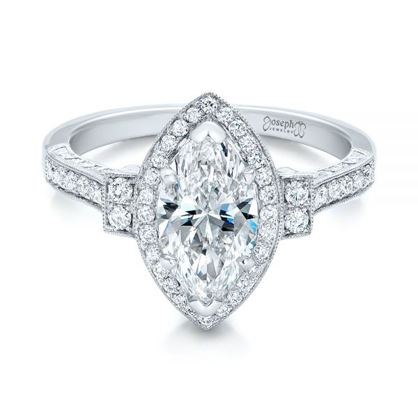 14k White Gold Custom Marquise Diamond Halo Engagement Ring - Flat View - 101998