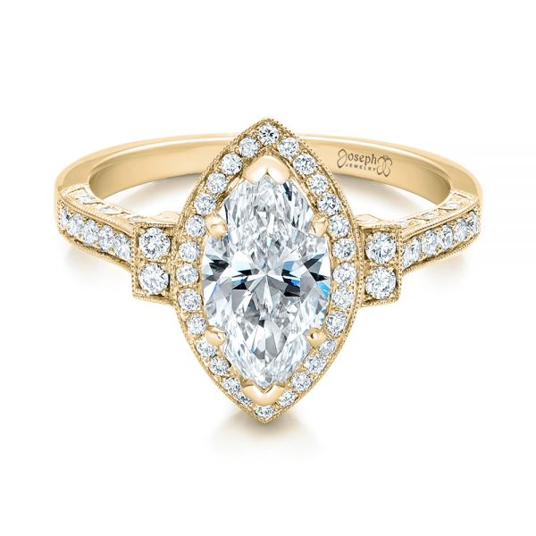 18k Yellow Gold 18k Yellow Gold Custom Marquise Diamond Halo Engagement Ring - Flat View -  101998