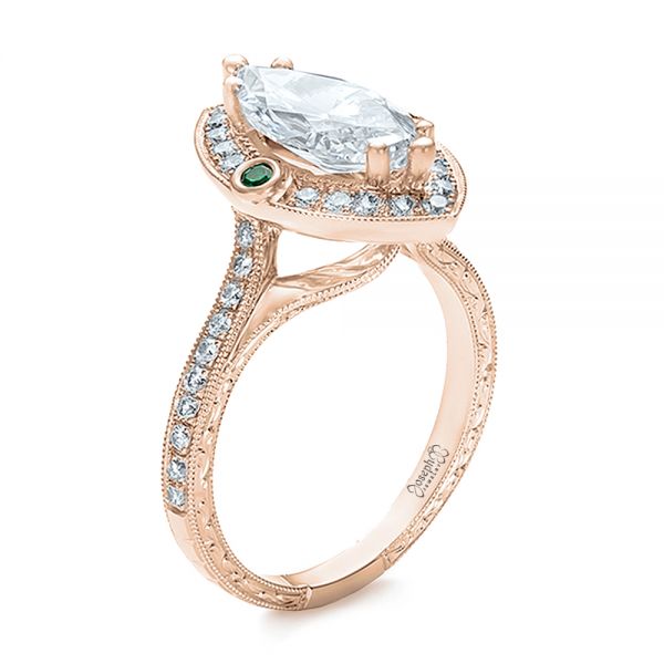 18k Rose Gold 18k Rose Gold Custom Marquise Diamond With Halo And Emerald Engagement Ring - Three-Quarter View - 100636