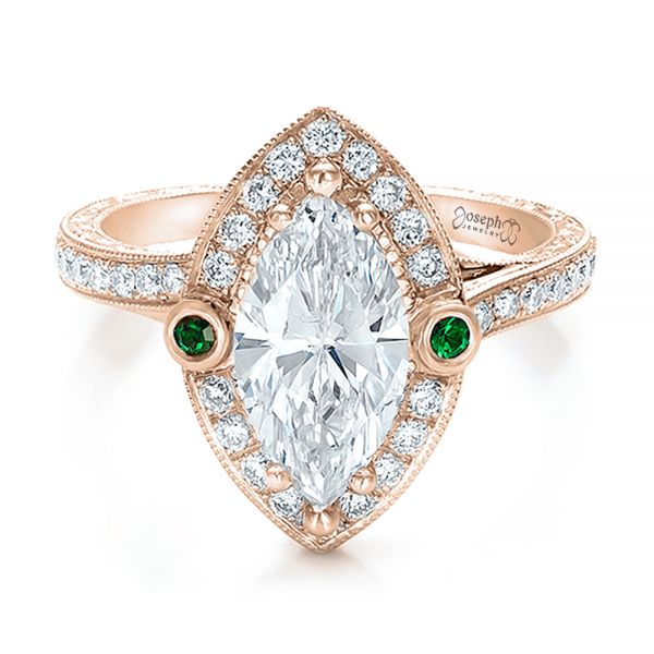 14k Rose Gold 14k Rose Gold Custom Marquise Diamond With Halo And Emerald Engagement Ring - Flat View -  100636