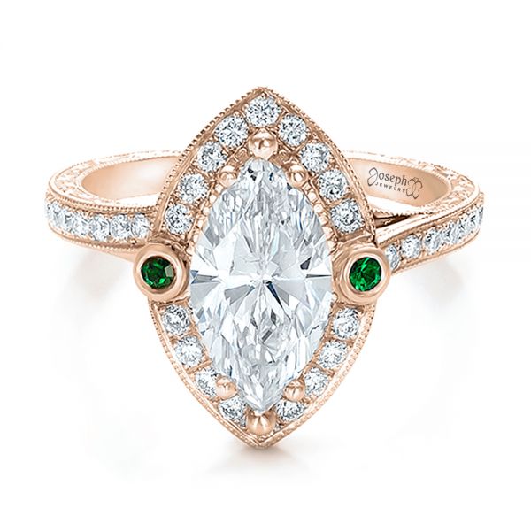 18k Rose Gold 18k Rose Gold Custom Marquise Diamond With Halo And Emerald Engagement Ring - Flat View - 100636