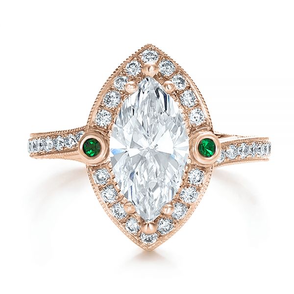18k Rose Gold 18k Rose Gold Custom Marquise Diamond With Halo And Emerald Engagement Ring - Top View - 100636