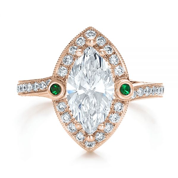 18k Rose Gold 18k Rose Gold Custom Marquise Diamond With Halo And Emerald Engagement Ring - Top View -  100636