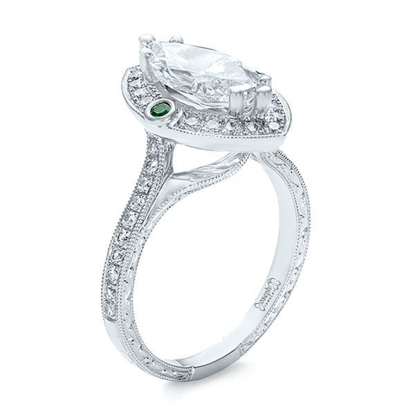  Platinum Custom Marquise Diamond With Halo And Emerald Engagement Ring - Three-Quarter View -  100636