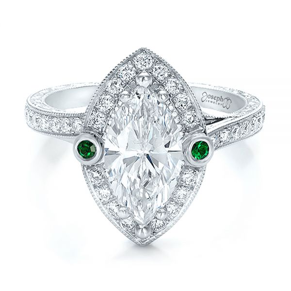 14k White Gold 14k White Gold Custom Marquise Diamond With Halo And Emerald Engagement Ring - Flat View -  100636