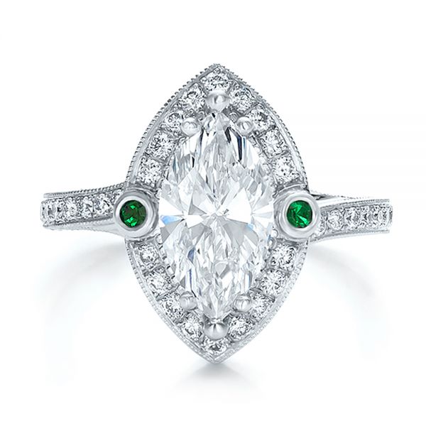  Platinum Custom Marquise Diamond With Halo And Emerald Engagement Ring - Top View -  100636