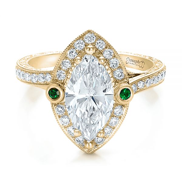 18k Yellow Gold 18k Yellow Gold Custom Marquise Diamond With Halo And Emerald Engagement Ring - Flat View -  100636