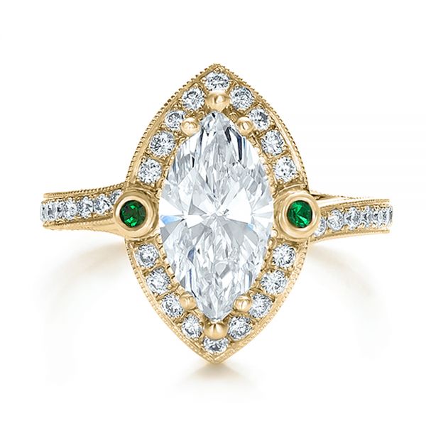 18k Yellow Gold 18k Yellow Gold Custom Marquise Diamond With Halo And Emerald Engagement Ring - Top View - 100636