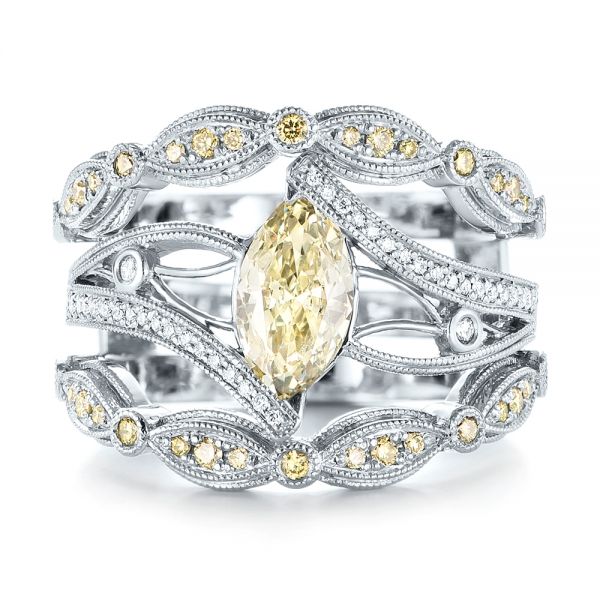 Platinum Platinum Custom Marquise Yellow And White Diamond Engagement Ring - Three-Quarter View - 103391