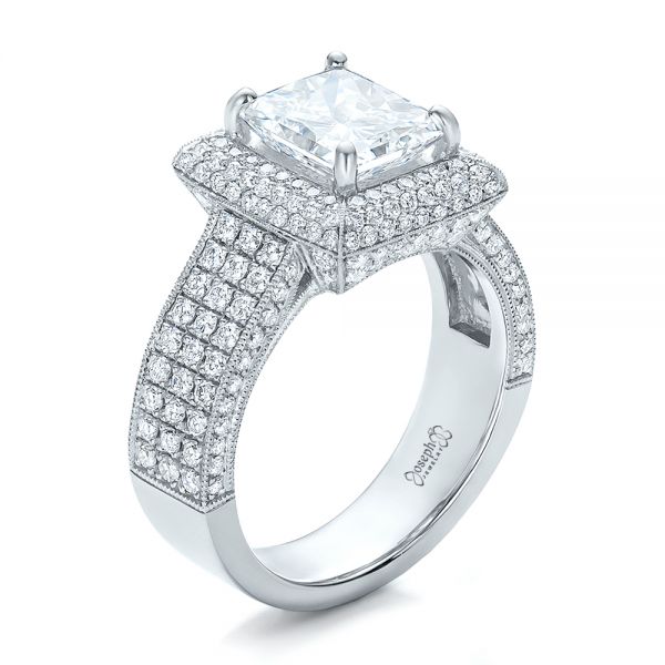  Platinum Custom Micro-pave Halo Diamond Engagement Ring - Three-Quarter View -  100686