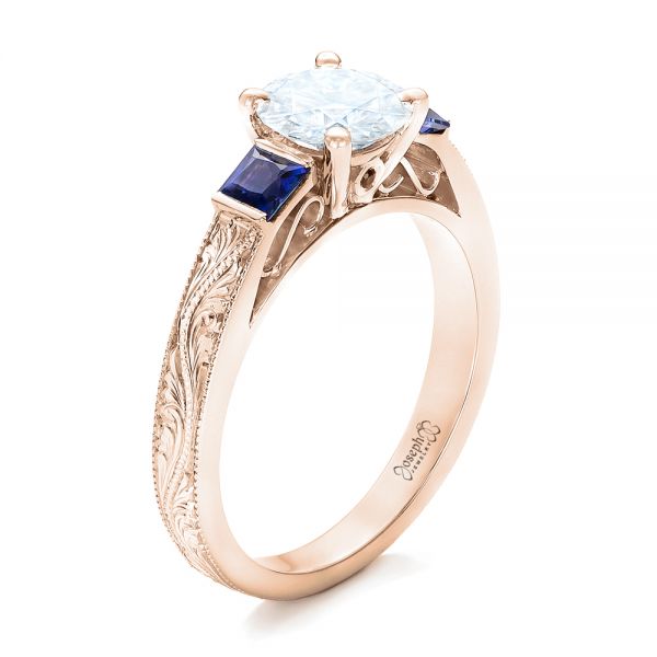 18k Rose Gold 18k Rose Gold Custom Moissanite And Blue Sapphire Engagement Ring - Three-Quarter View -  102128