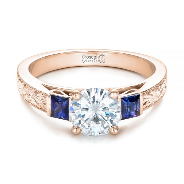 18k Rose Gold 18k Rose Gold Custom Moissanite And Blue Sapphire Engagement Ring - Flat View -  102128