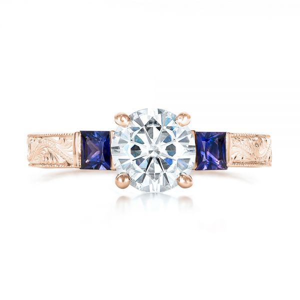 18k Rose Gold 18k Rose Gold Custom Moissanite And Blue Sapphire Engagement Ring - Top View -  102128