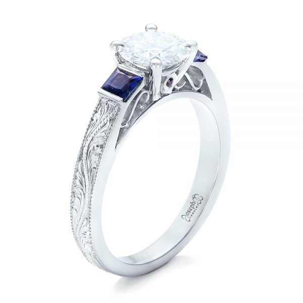  Platinum Custom Moissanite And Blue Sapphire Engagement Ring - Three-Quarter View -  102128