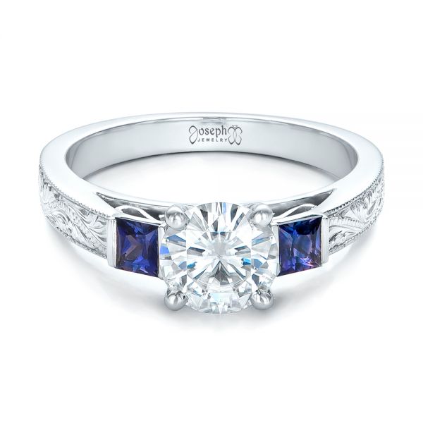 18k White Gold 18k White Gold Custom Moissanite And Blue Sapphire Engagement Ring - Flat View -  102128