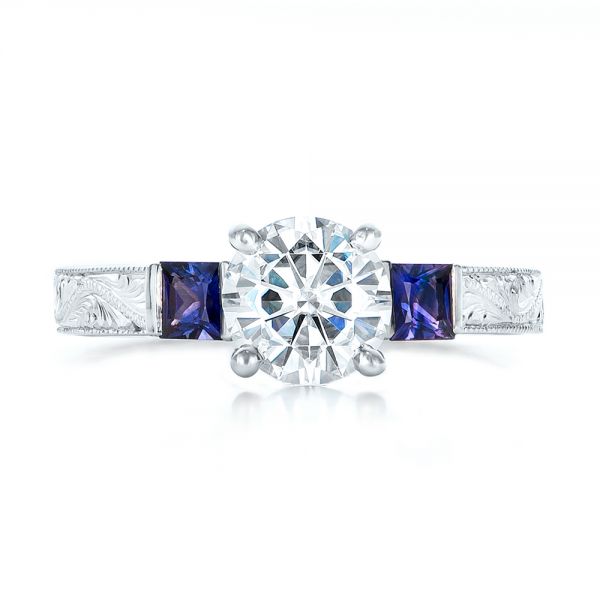  Platinum Custom Moissanite And Blue Sapphire Engagement Ring - Top View -  102128