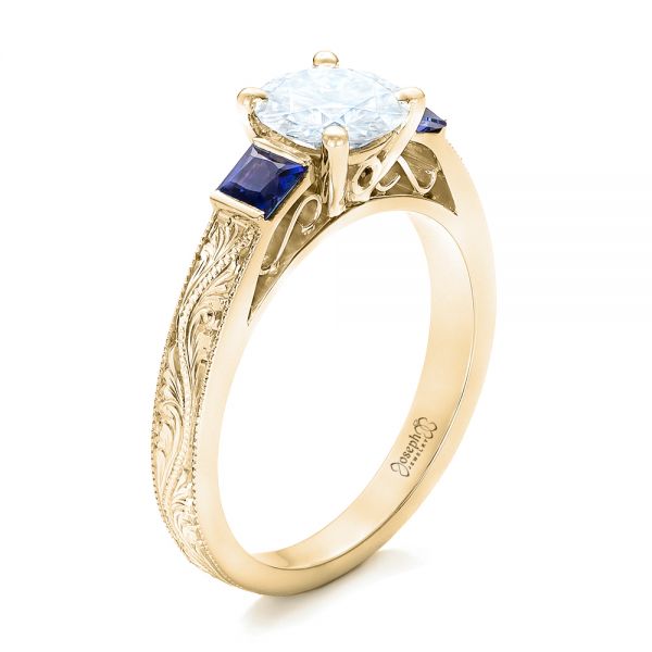 18k Yellow Gold 18k Yellow Gold Custom Moissanite And Blue Sapphire Engagement Ring - Three-Quarter View -  102128