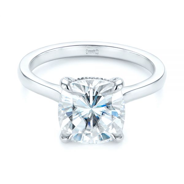 14k White Gold Custom Moissanite And Hidden Halo Diamond Engagement Ring - Flat View -  105119