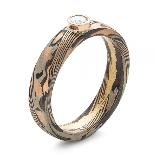 Custom Mokume Solitaire Diamond Engagement Ring - Three-Quarter View -  103375