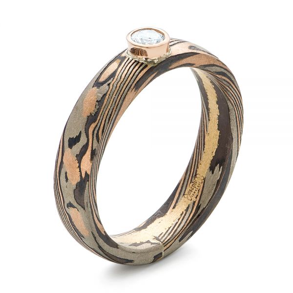Custom Mokume Solitaire Diamond Engagement Ring - Three-Quarter View - 103375