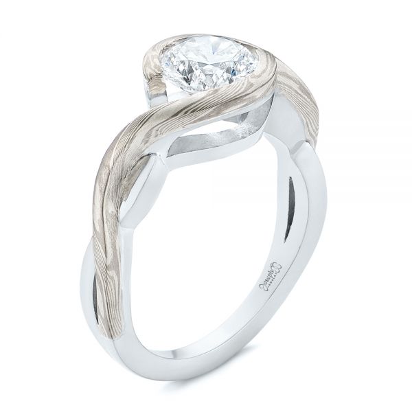 Custom Mokume and Platinum Solitaire Diamond Engagement Ring - 14K White Gold - 104827