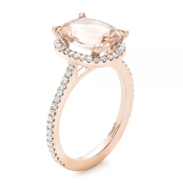 14k Rose Gold 14k Rose Gold Custom Morganite And Diamond Halo Engagement Ring - Three-Quarter View - 102482