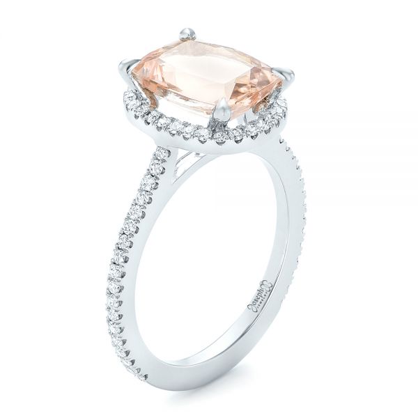 18k White Gold 18k White Gold Custom Morganite And Diamond Halo Engagement Ring - Three-Quarter View -  102482