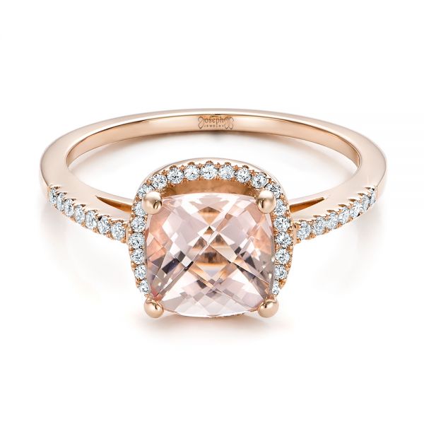 14k Rose Gold Custom Morganite And Diamond Halo Engagement Ring - Flat View -  101522