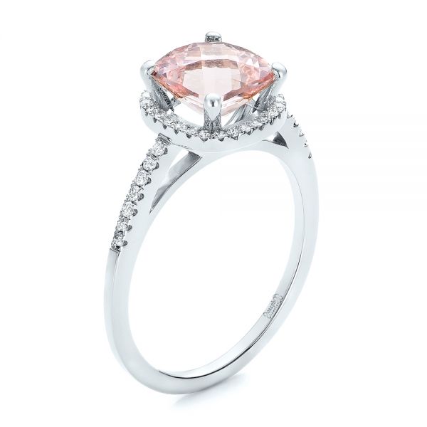 18k White Gold 18k White Gold Custom Morganite And Diamond Halo Engagement Ring - Three-Quarter View -  101522