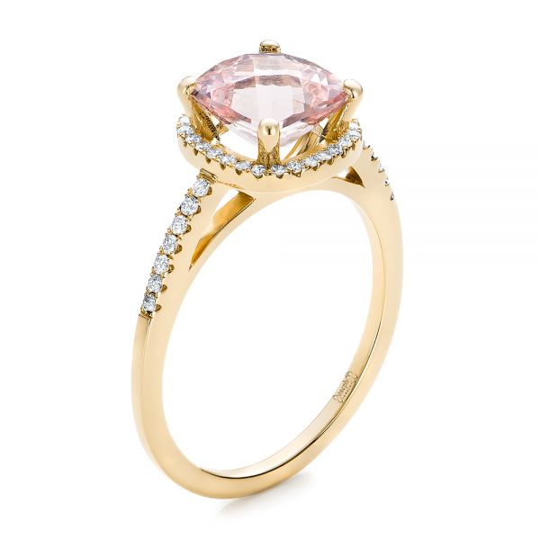 18k Yellow Gold 18k Yellow Gold Custom Morganite And Diamond Halo Engagement Ring - Three-Quarter View -  101522