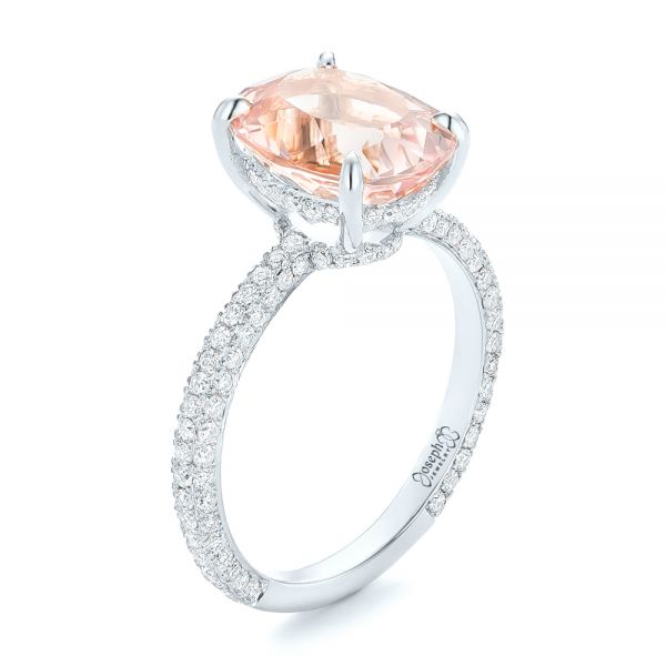 14k White Gold 14k White Gold Custom Morganite And Pave Diamond Engagement Ring - Three-Quarter View -  102749