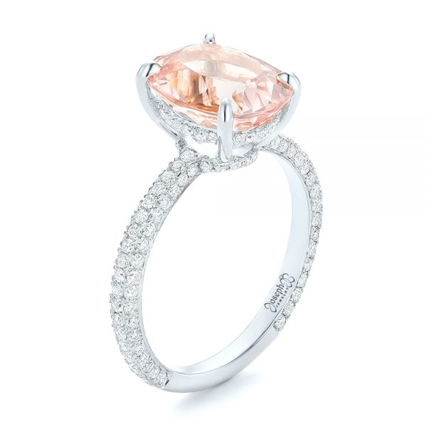 14k White Gold 14k White Gold Custom Morganite And Pave Diamond Engagement Ring - Three-Quarter View - 102749