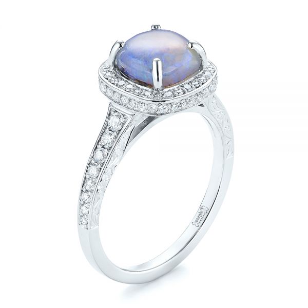  Platinum Custom Opal And Diamond Halo Engagement Ring - Three-Quarter View -  103648
