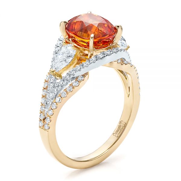 18k Yellow Gold And Platinum 18k Yellow Gold And Platinum Custom Orange Sapphire Engagement Ring - Three-Quarter View -  100117